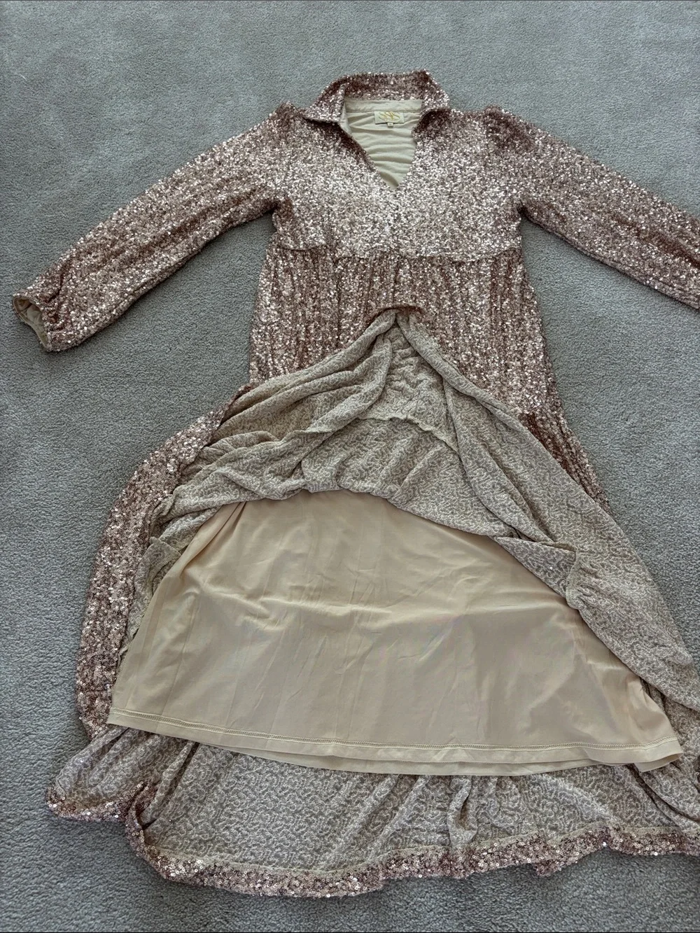 SIR the label Rose Gold Sequin Tiered Long Sleeve Dress